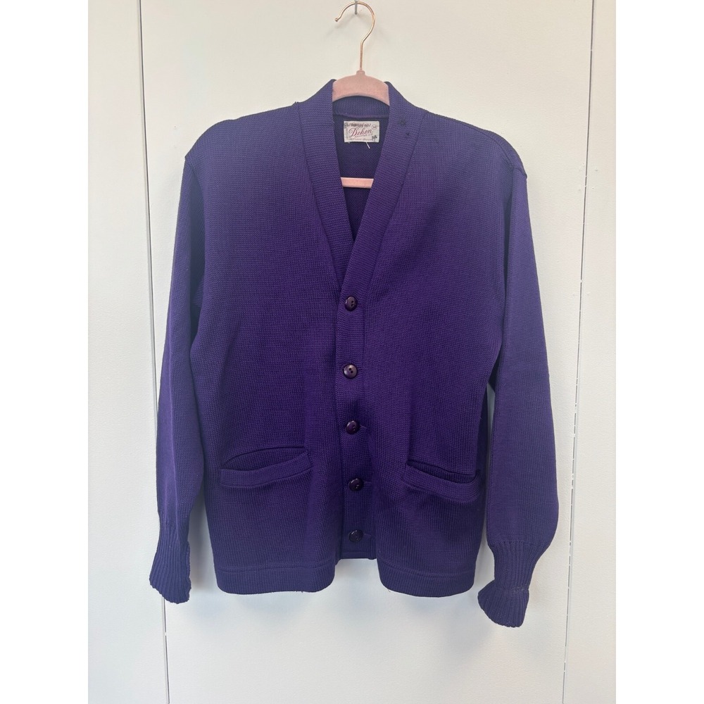 Vintage 50s Dehen Knitting Company 100% Wool Purple Cardigan Sweater Size‎ 38 M